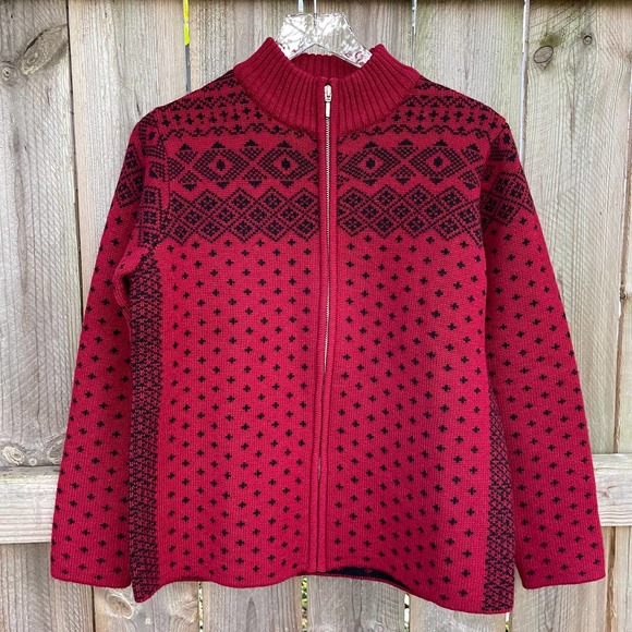 Lands' End Cardigan Sweater Small Red Fair Isle Wool - Picture 1 of 14